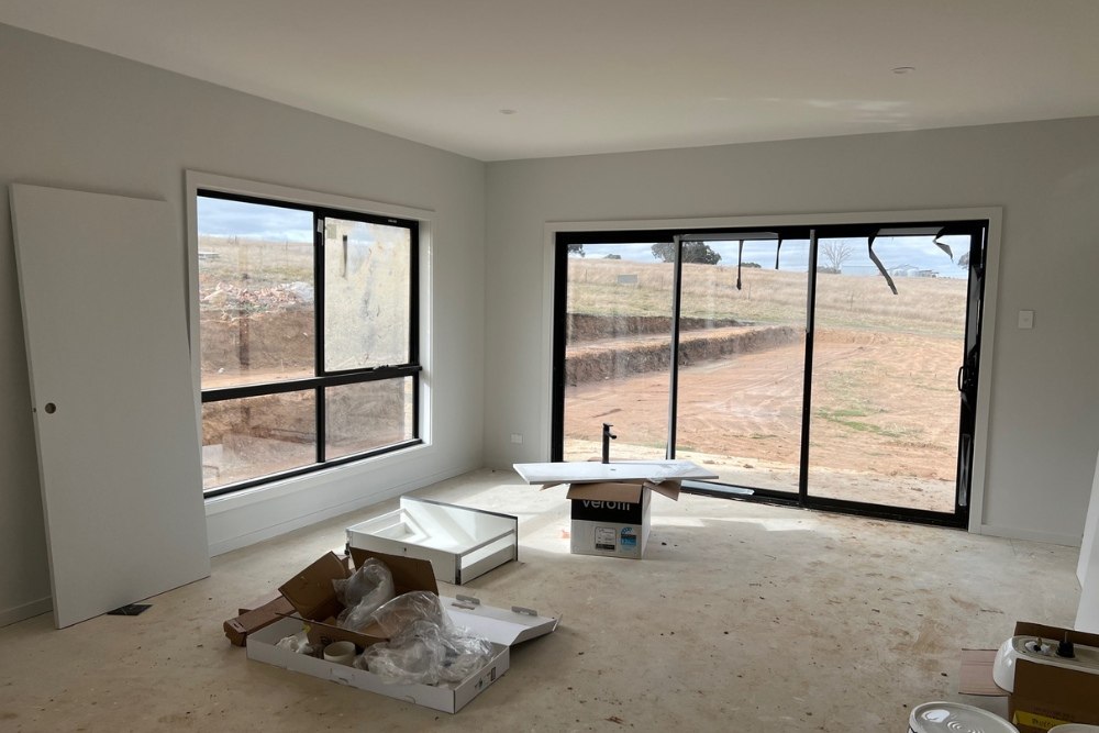 New home in the Yass Valley before professional window coverings are installed by Designing Windows